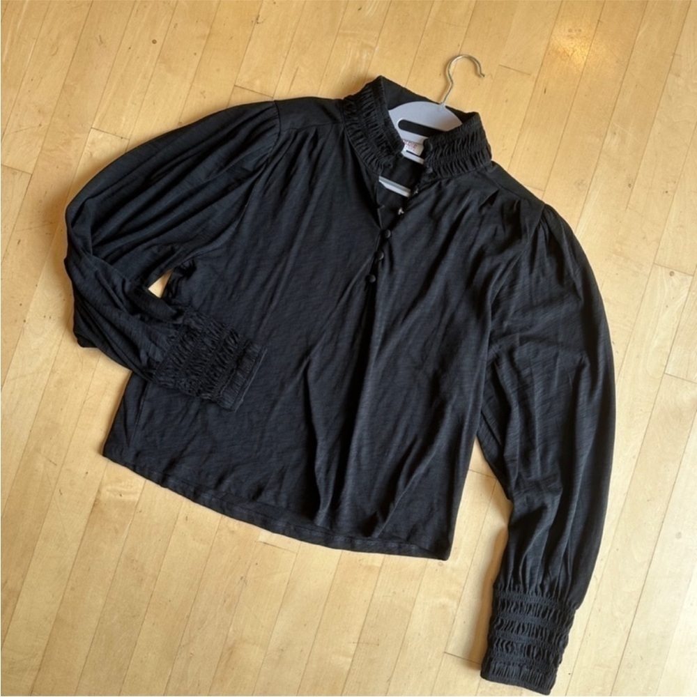 Pima Cotton GOLDIE black ruffle neck blouse , L. CB2072